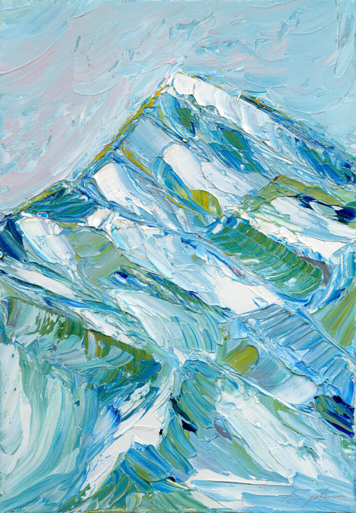 Painting of a blue mountain peak