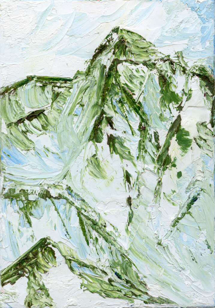 Thick painting of a green mountain peak